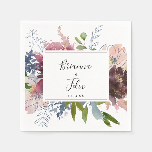 バーガンディフローラと緑結婚のナプキン スタンダードカクテルナプキン (正面)