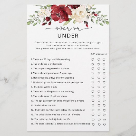 バーガンディフローラの上またはブライダルシャワーゲーム (正面)