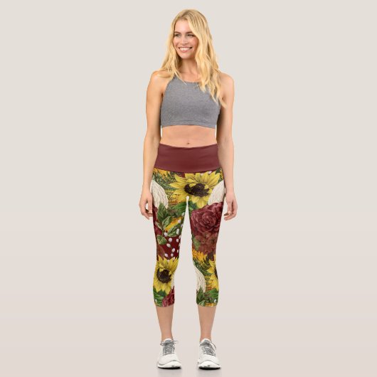 バーガンディフローラひまわりハイウエストヨガ カプリレギンス (正面)