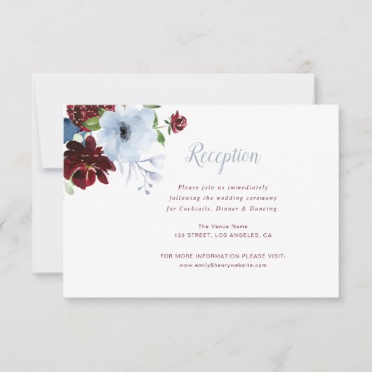 バーガンディフローラほこりっぽいブルーのウェディングレセプションカード 出欠カード (正面)