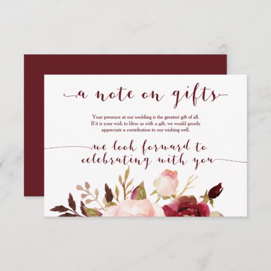 バーガンディフローラウェディングギフトカード エンクロージャーカード (正面/裏面)