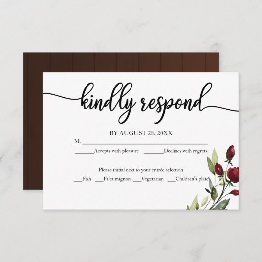 バーガンディフローラウェディングRSVPエンクロージャカード 出欠カード (正面/裏面)