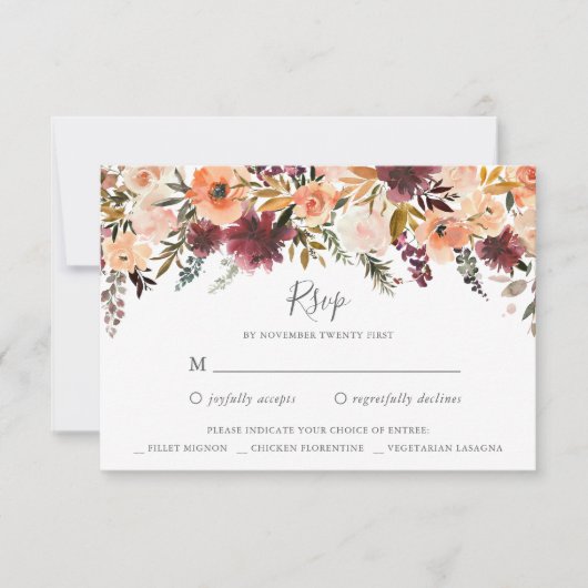 バーガンディフローラウェディングRSVP返信カード 招待状 (正面)