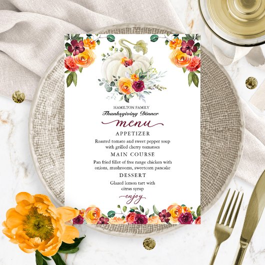 バーガンディフローラカボチャ感謝祭ディナーメニュー サンキューカード