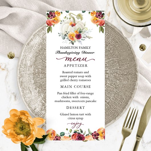 バーガンディフローラカボチャ感謝祭ディナーメニュー メニュー