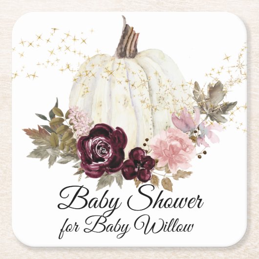 バーガンディフローラカボチャ水カラーベビーシャワー スクエアペーパーコースター (正面)