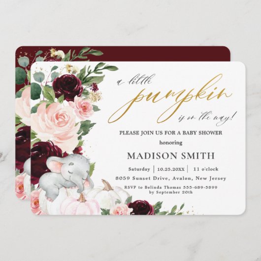 バーガンディフローラカボチャ象の赤ちゃんシャワー 招待状 (正面/裏面)