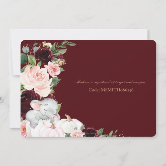 バーガンディフローラカボチャ象の赤ちゃんシャワー 招待状 (裏面)