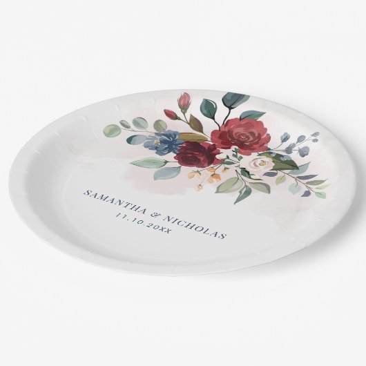 バーガンディフローラグリーンリーウェディングレセプション ペーパープレート (アングル)