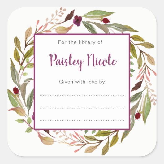 バーガンディフローラグリーンリース蔵書票 スクエアシール (正面)