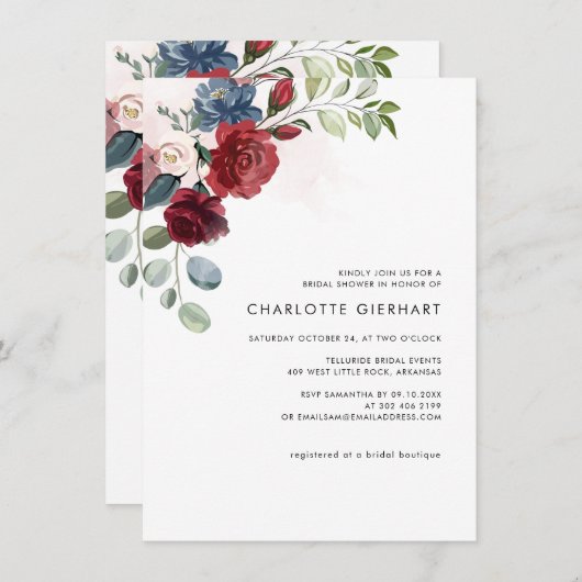 バーガンディフローラグリーンリーブライダルシャワー 招待状 (正面/裏面)