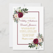 バーガンディフローラグリーン結婚リーフレームの金ゴールド 招待状 (正面)