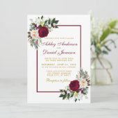 バーガンディフローラグリーン結婚リーフレームの金ゴールド 招待状 (スタンド正面)