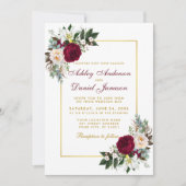 バーガンディフローラグリーン金ゴールドフレーム結婚ズ 招待状 (正面)