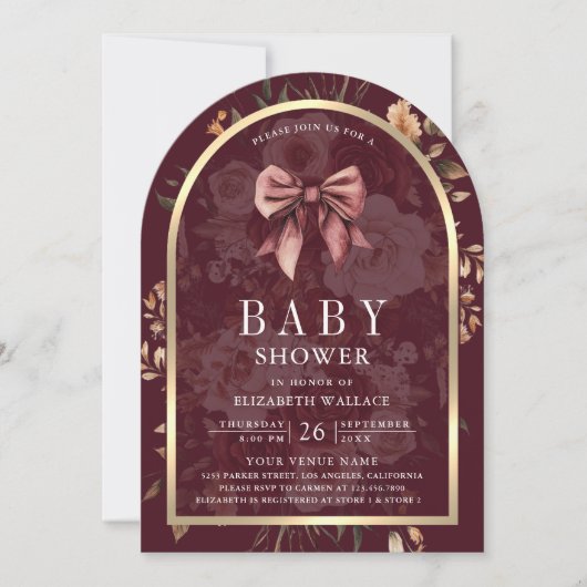 バーガンディフローラコケットボウアーチベイビーシャワー 招待状 (正面)
