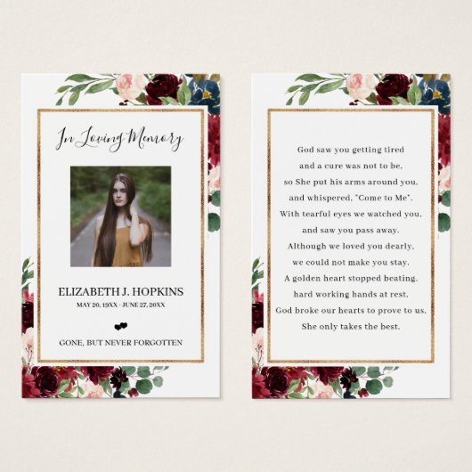 バーガンディフローラゴールドフォイルフレームフォト祈りの言葉カード (正面&裏面)