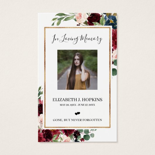 バーガンディフローラゴールドフォイルフレームフォト祈りの言葉カード (正面)