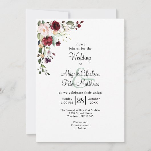 バーガンディフローラゴールドフォイル水結婚色の 招待状 (正面)