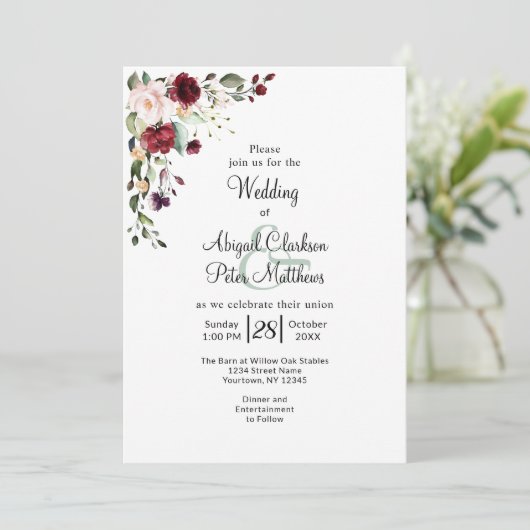 バーガンディフローラゴールドフォイル水結婚色の 招待状 (スタンド正面)