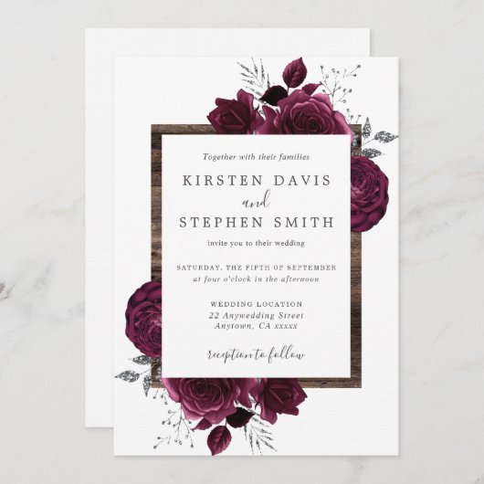 バーガンディフローラシルバーグリッターウッ結婚ドズ 招待状 (正面/裏面)