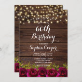 バーガンディフローラストリングライツウッド60誕生日 招待状 (正面/裏面)