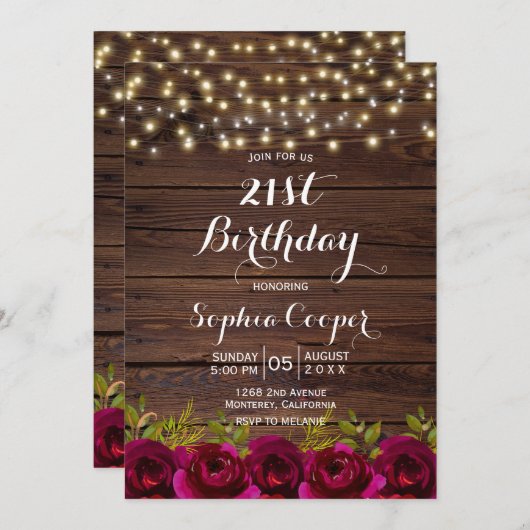 バーガンディフローラストリングライトウッド21歳の誕生日 招待状 (正面/裏面)