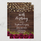 バーガンディフローラストリングライトウッド30th誕生日 招待状 (正面/裏面)