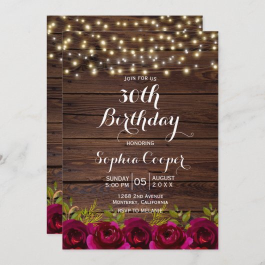 バーガンディフローラストリングライトウッド30th誕生日 招待状 (正面/裏面)
