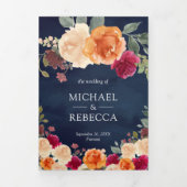 バーガンディフローラネイビーQRコード結婚ズ 三つ折り招待状 (カバー)