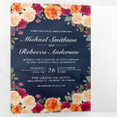 バーガンディフローラネイビーQRコード結婚ズ 三つ折り招待状 (内部最初)