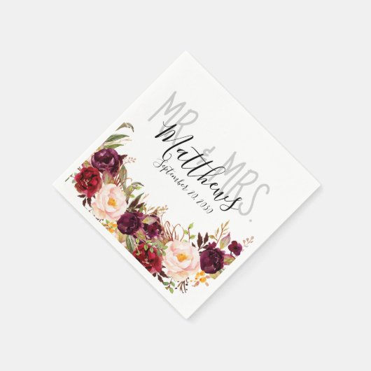 バーガンディフローラハンドレターシック素朴ズ結婚ズ スタンダードカクテルナプキン (角)