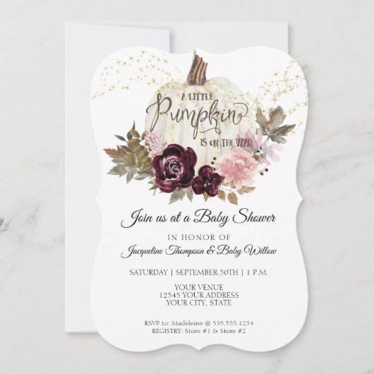 バーガンディフローラバラ金ゴールドカボチャ赤ちゃんシャワー 招待状 (正面)