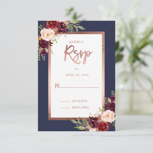 バーガンディフローラバラ金ゴールドムーディウェディングRSVP 出欠カード (スタンド正面)