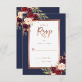 バーガンディフローラバラ金ゴールドムーディウェディングRSVP 出欠カード (正面/裏面)
