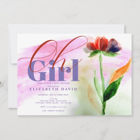 バーガンディフローラピンク抽象芸術ベビーガールシャワー 招待状 (正面)