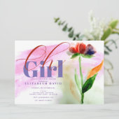 バーガンディフローラピンク抽象芸術ベビーガールシャワー 招待状 (スタンド正面)
