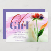 バーガンディフローラピンク抽象芸術ベビーガールシャワー 招待状 (正面/裏面)