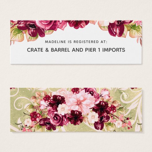 バーガンディフローラブライダルシャワーレジストリ挿入カード (正面&裏面)