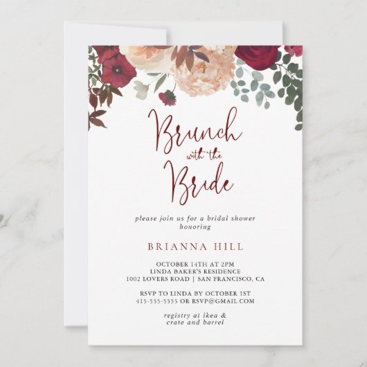 バーガンディフローラブランチと花嫁シャワー 招待状 (正面)
