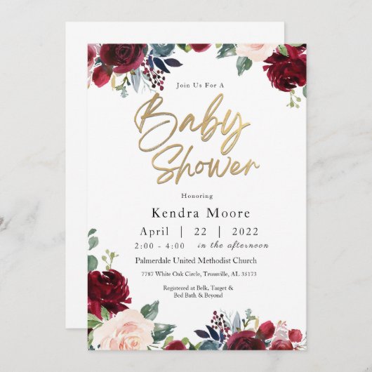 バーガンディフローラベビーシャワー招待状 招待状 (正面/裏面)