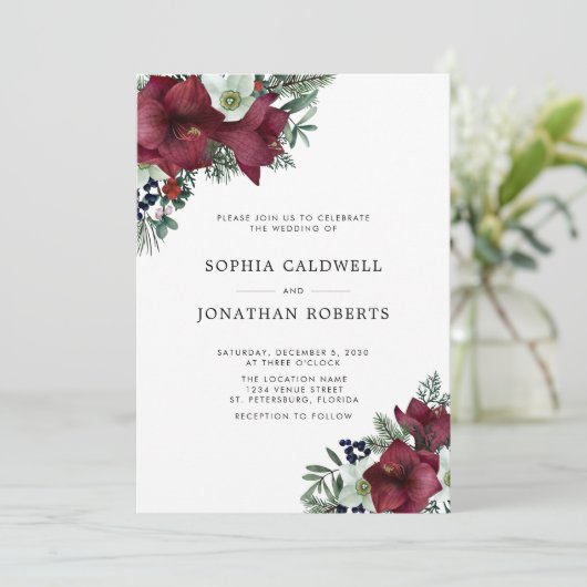 バーガンディフローラホリデーグリーンリー冬の結婚式 招待状 (スタンド正面)