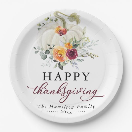 バーガンディフローラホワイトカボチャ感謝祭 ペーパープレート (正面)
