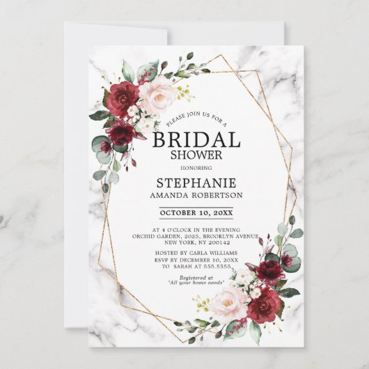 バーガンディフローラマーブルジオメトリックブライダルシャワー 招待状 (正面)