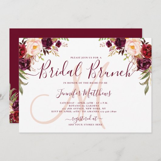 バーガンディフローラモエレガントノグラムブライダルブルンチ 招待状 (正面/裏面)
