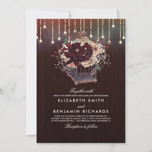 バーガンディフローラランタン素朴ライトウッド結婚ズ 招待状 (正面)