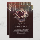 バーガンディフローラランタン素朴ライトウッド結婚ズ 招待状 (正面/裏面)