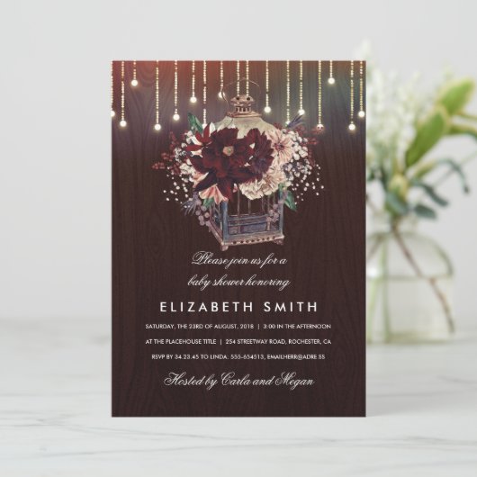 バーガンディフローラランタン素朴秋ベビーシャワー 招待状 (スタンド正面)