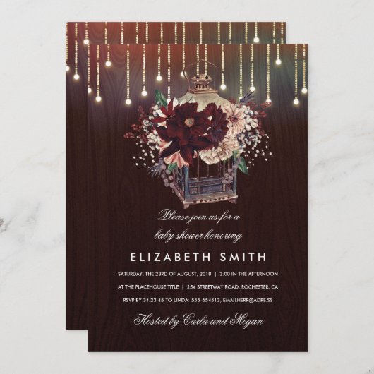 バーガンディフローラランタン素朴秋ベビーシャワー 招待状 (正面/裏面)