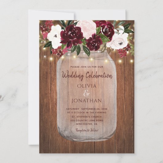 バーガンディフローララ素朴イトウッド結婚ズ 招待状 (正面)