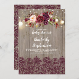 バーガンディフローラレース素朴ベビーシャワー 招待状